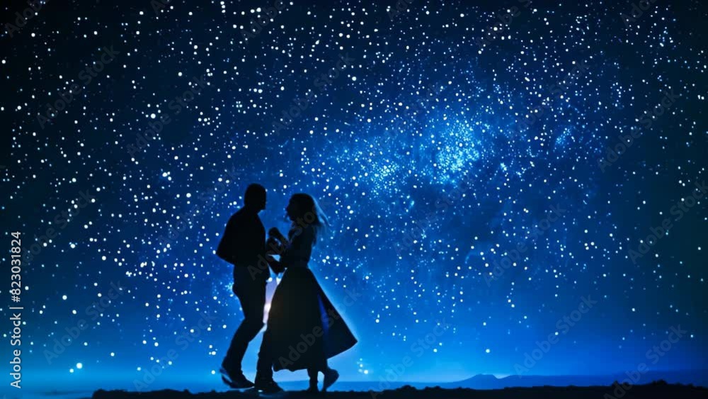 A couple dancing gracefully under a vast night sky filled with twinkling stars, A couple dancing under a starry night sky A couple dancing gracefully under a vast night sky filled with twinkling stars, A couple dancing under a starry night sky
