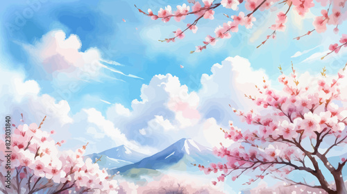 a painting of a mountain with pink flowers in the foreground