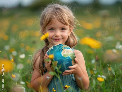 The little girl holds the Earth in her hand