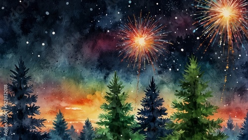Christmas trees and firework in glowing sky. Christmas greeting card. Watercolor illustration