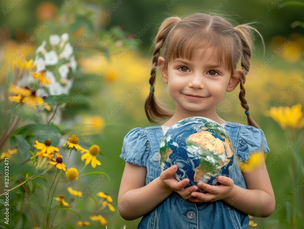 Fototapeta premium The little girl holds the Earth in her hand