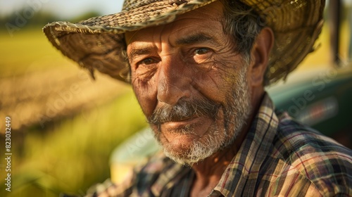 Weathered face of an elderly man wearing a straw hat