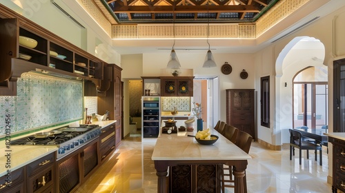 Elegant and spacious kitchen interior with modern appliances and a traditional design aesthetic.