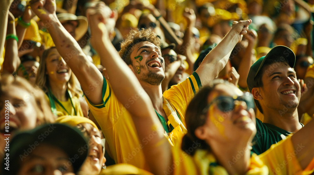 Football fans very emotional cheering for their team at the stadium surrounded by other fans dressed in yellow Football fans very emotional cheering for their team at the stadium surrounded by other fans dressed in yellow