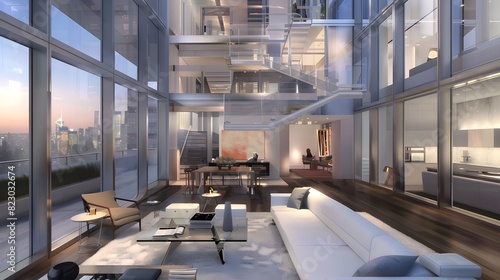 Modern luxury duplex apartment interior with floor-to-ceiling windows and city skyline at dusk 