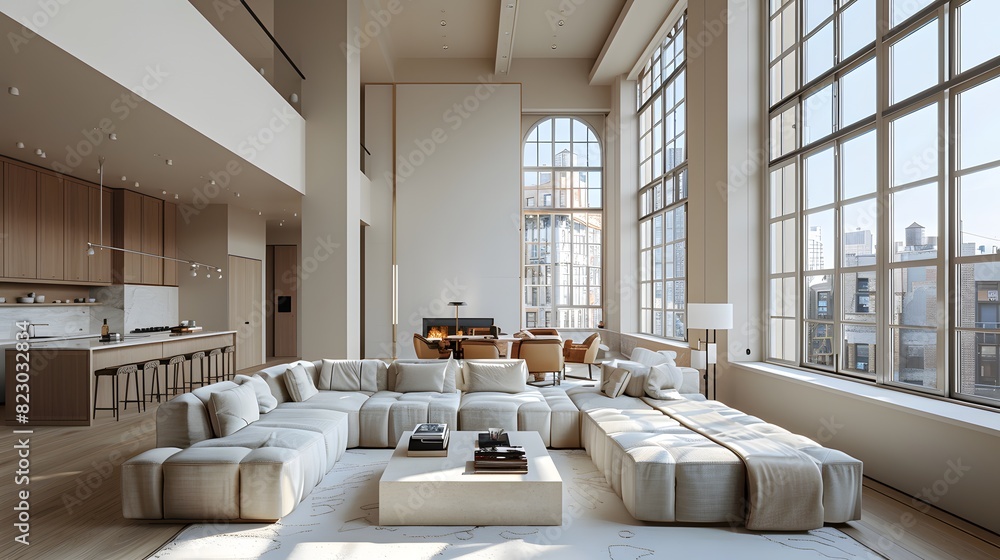 Modern airy loft apartment with large windows and luxurious furnishings highlighted by natural light for sophisticated urban living. Modern airy loft apartment with large windows and luxurious furnishings highlighted by natural light for sophisticated urban living.