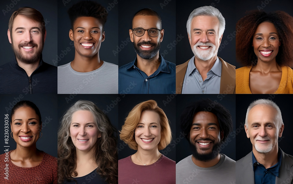 Diversity and ethnicity. Portraits of 10 people between the ages of 25 and 70 on darck background Diversity and ethnicity. Portraits of 10 people between the ages of 25 and 70 on darck background