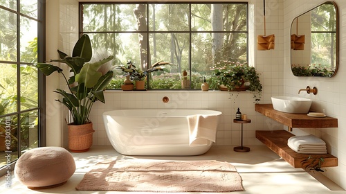 A serene bathroom interior with a freestanding tub  wooden shelves  potted plants  and a forest view through large windows creates a tranquil spa-like atmosphere. 