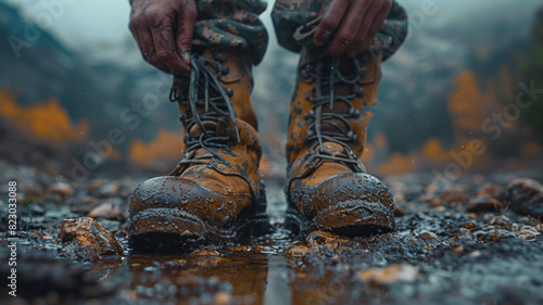 a soldier tie up his boots , extreme closeup of his boots ,generative ai photo