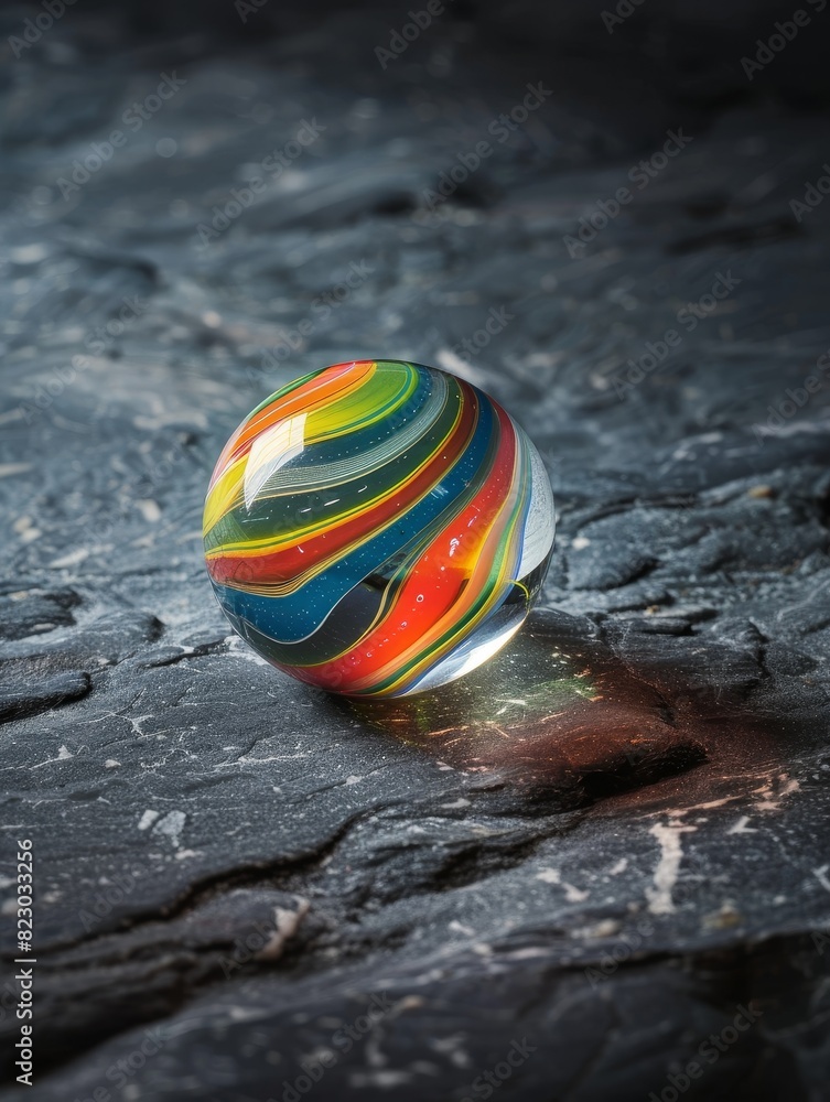 Colorful glass marble on dark stone surface