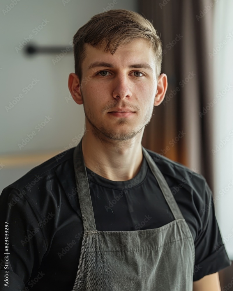 Fototapeta premium portrait of a young man in a black shirt and apron