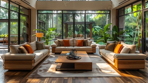 Modern and spacious living room with stylish decor, large windows, and lush greenery in a luxurious home setting. 