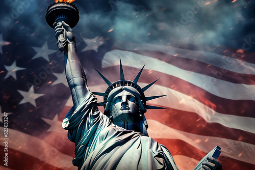 Statue of Liberty on the background of fireworks and american flag