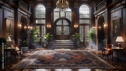 Luxurious vintage interior with grand staircase and elegant decor under soft lighting. 