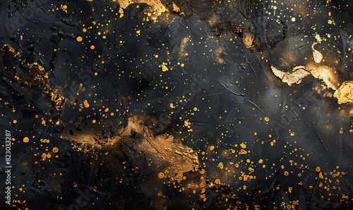 Abstract black and gold design, where delicate gold speckles seem to float over a deep black background,  Generate AI photo