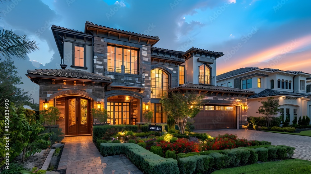Luxury two-story house illuminated at twilight with landscaped garden and dramatic sky Luxury two-story house illuminated at twilight with landscaped garden and dramatic sky