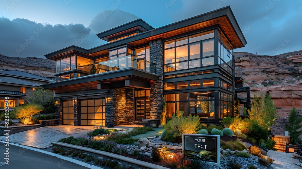 Luxurious modern house with illuminated windows during twilight with space for your text. Luxurious modern house with illuminated windows during twilight with space for your text.