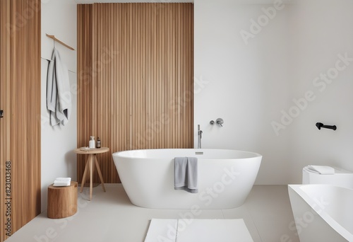 A modern bathroom interior with a freestanding bathtub  and a large blank white wall space for mockup  wooden wall details  and light. 3D Rendering