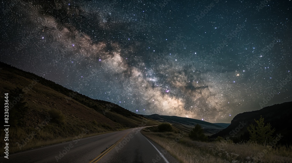 A mountain road at night under a starry sky, with the Milky Way visible above and the road gently illuminated by moonlight. 32k, full ultra hd, high resolution