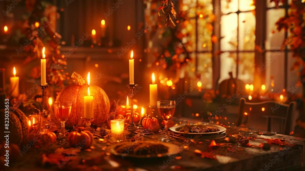 A table adorned with numerous candles and pumpkins, creating a cozy autumn ambiance, A cozy autumn scene with a table set for a Thanksgiving feast, complete with pumpkins and candles A table adorned with numerous candles and pumpkins, creating a cozy autumn ambiance, A cozy autumn scene with a table set for a Thanksgiving feast, complete with pumpkins and candles