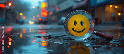 a smiley face on a glass disc on a wet street photo