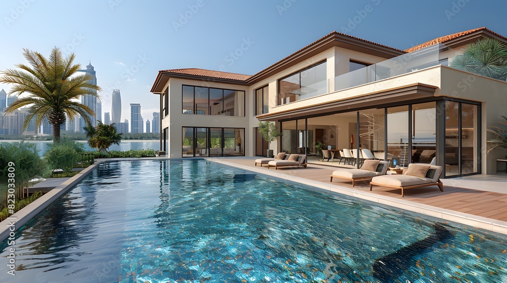 Luxurious modern villa with a swimming pool overlooking a city skyline, priced for perfection. 