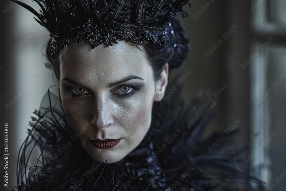 Dramatic portrait of a woman in a dark, ornate headpiece