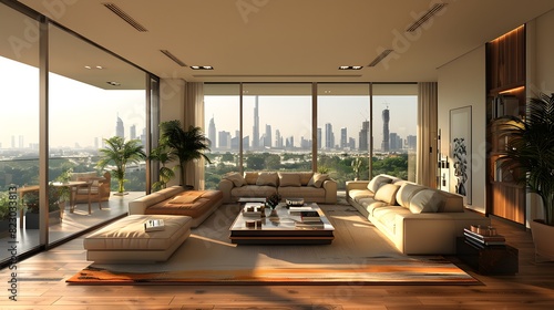 Luxurious modern living room with floor-to-ceiling windows overlooking a city skyline at sunset 