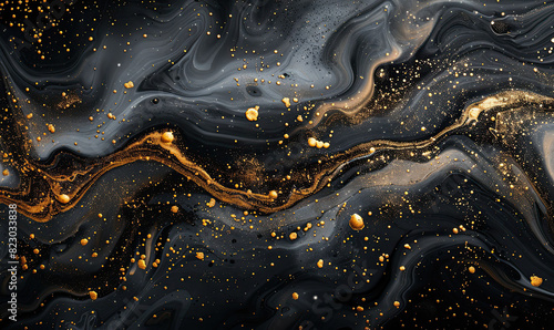 Abstract black and gold design, where delicate gold speckles seem to float over a deep black background,  Generate AI photo
