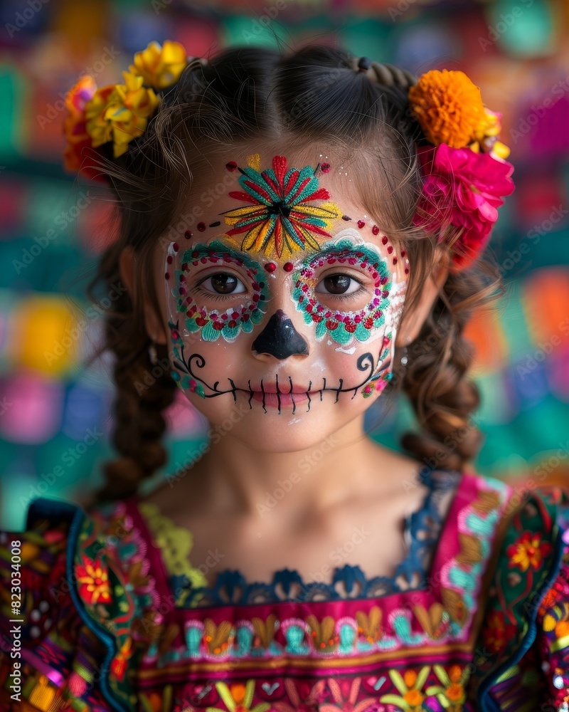 Colorful Day of the Dead Makeup on Young Girl