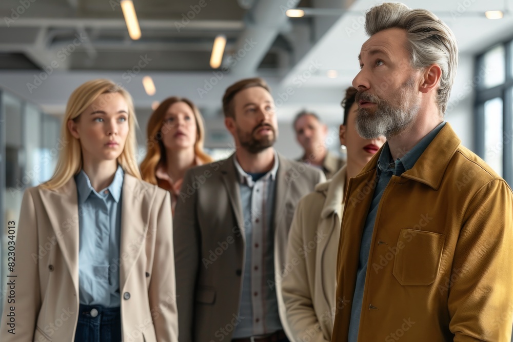 Group of business people standing in a row and looking to the side Group of business people standing in a row and looking to the side
