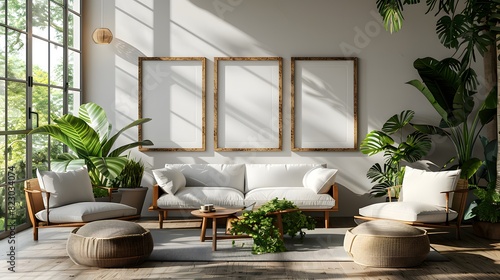 A modern living room interior with a white sofa  wooden frames  and lush green plants bathed in natural sunlight from large windows. 