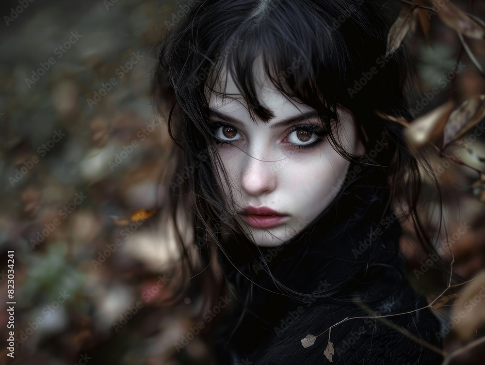 Mysterious woman with dark hair and intense gaze Mysterious woman with dark hair and intense gaze