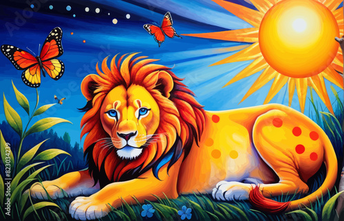 a painting of a lion laying in the grass
