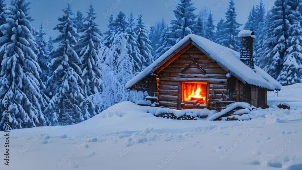 Snow-covered cabin surrounded by trees in winter forest, A cozy cabin covered in snow with a warm fire burning inside