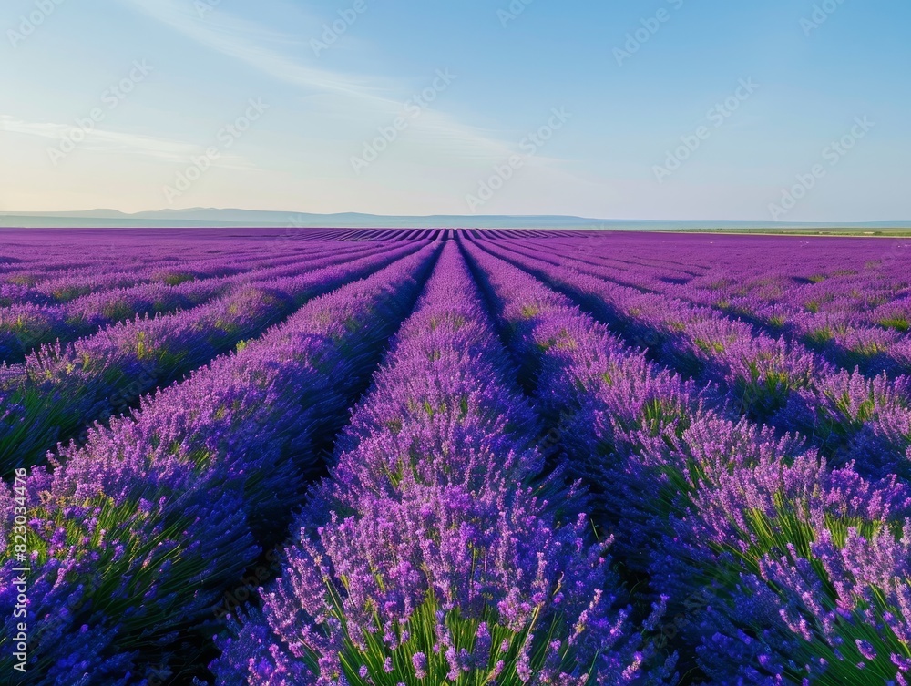 Vibrant lavender field under blue sky