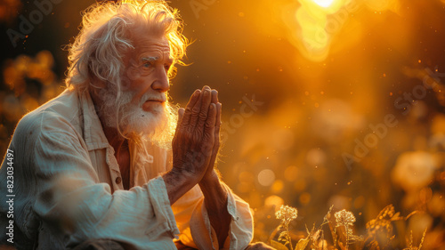 old white man praying with his hands close to the face in nature on the background,generative ai
