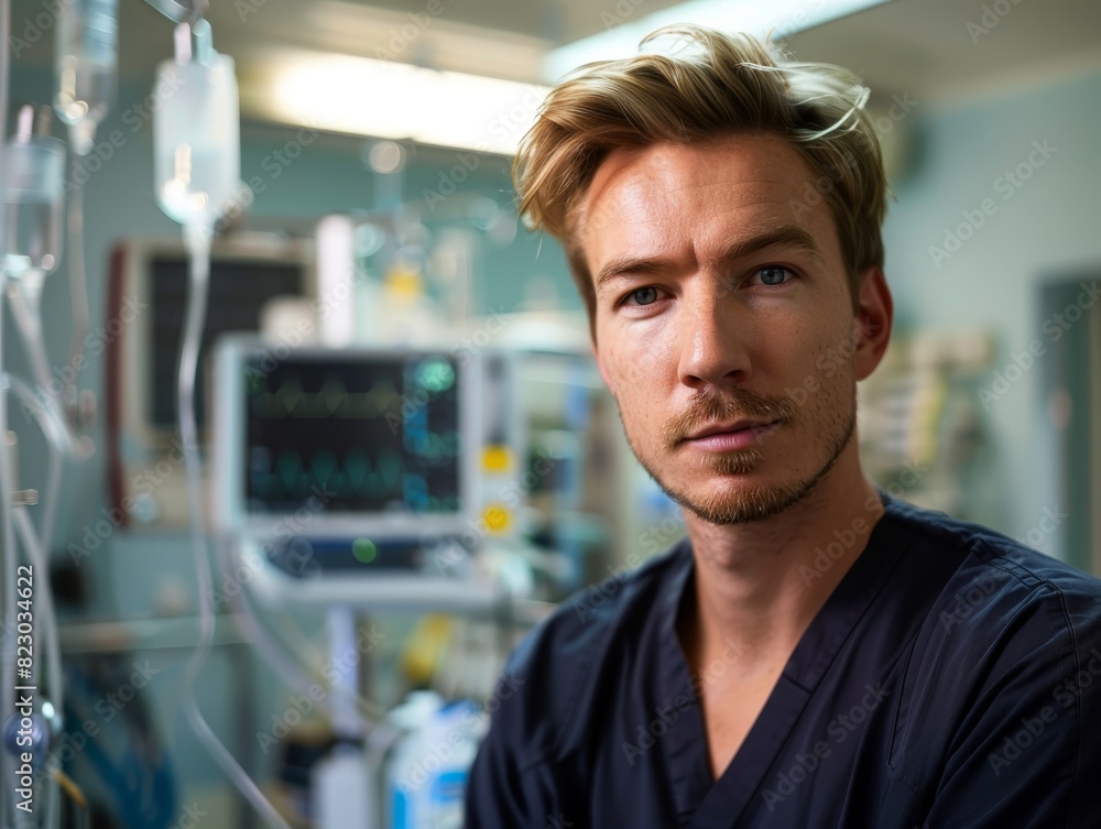 Serious male doctor in medical setting Serious male doctor in medical setting