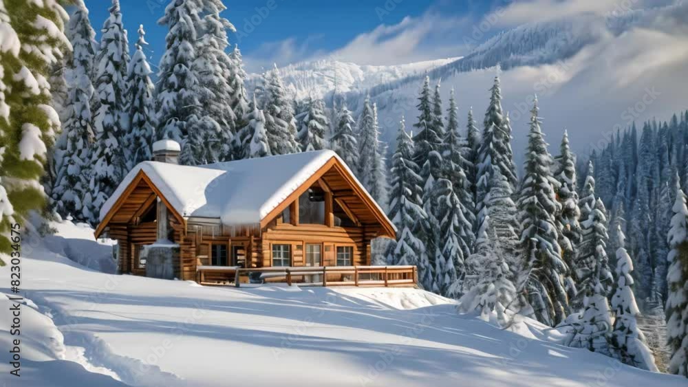 A cabin nestled in the snowy mountains, A cozy cabin in the mountains surrounded by snow-covered trees A cabin nestled in the snowy mountains, A cozy cabin in the mountains surrounded by snow-covered trees