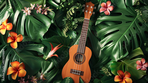 a ukulele surrounded by leaves