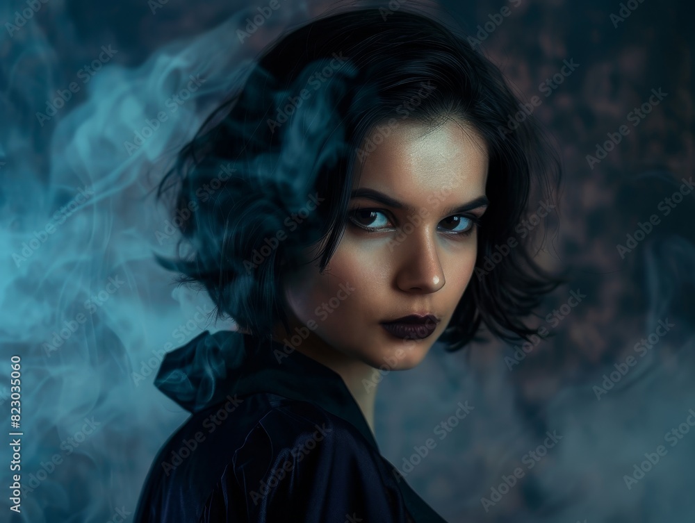 Mysterious woman with dark hair and intense expression Mysterious woman with dark hair and intense expression