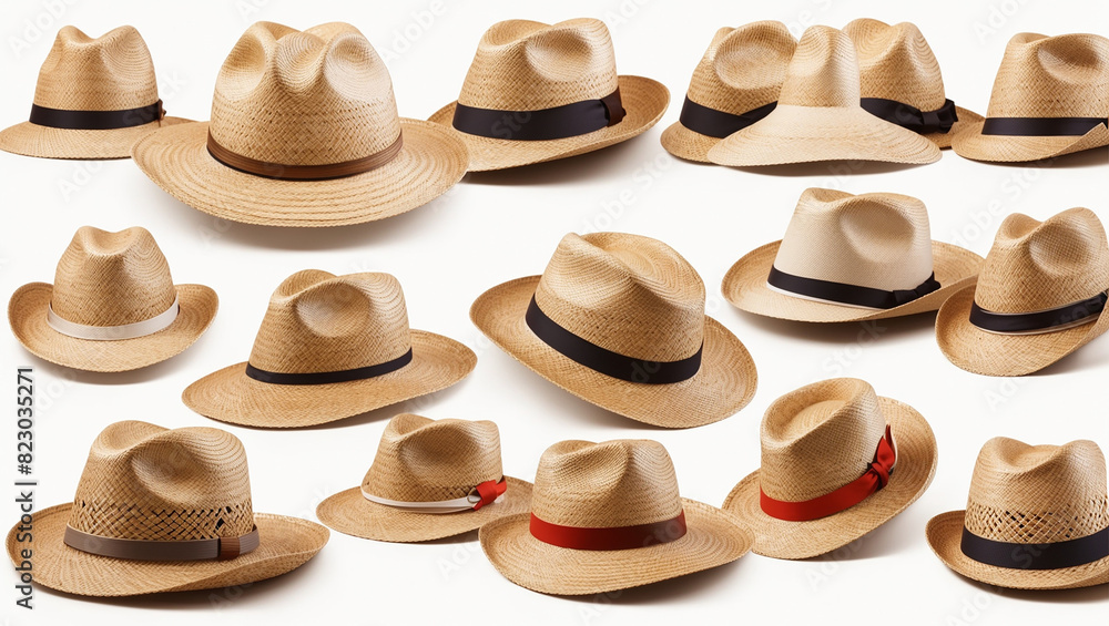 straw hats with brown bands on a white background.