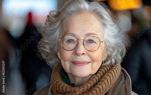An older woman wearing glasses and a scarf walking in the streets of Paris