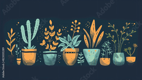 There are nine potted plants in a row against a beige background.There are nine potted plants of various types and sizes. The plants have green leaves and are in different shades. The pots are all the