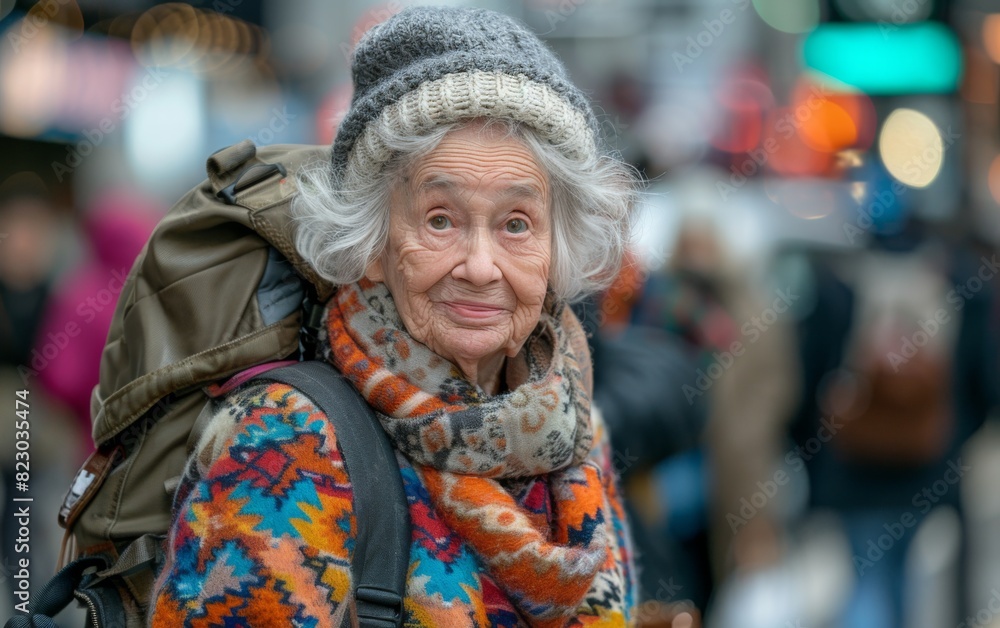 An old woman in Tokyo wearing a backpack and a scarf around her neck while walking An old woman in Tokyo wearing a backpack and a scarf around her neck while walking