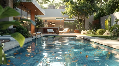 Luxurious backyard with a swimming pool and modern house at sunset, reflecting an affluent lifestyle.  photo