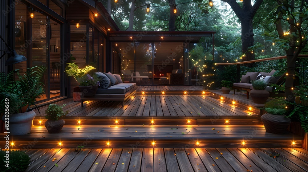 Tranquil outdoor living space with cozy lighting on a wooden deck surrounded by nature at dusk. Tranquil outdoor living space with cozy lighting on a wooden deck surrounded by nature at dusk.