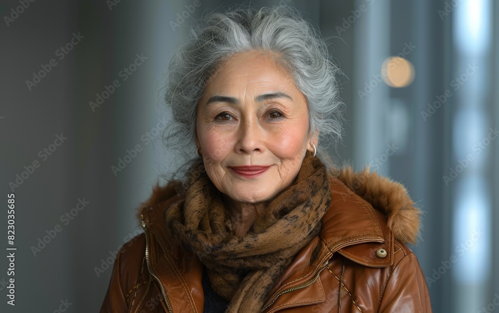 An elderly woman with gray hair wearing a brown leather jacket outdoors An elderly woman with gray hair wearing a brown leather jacket outdoors