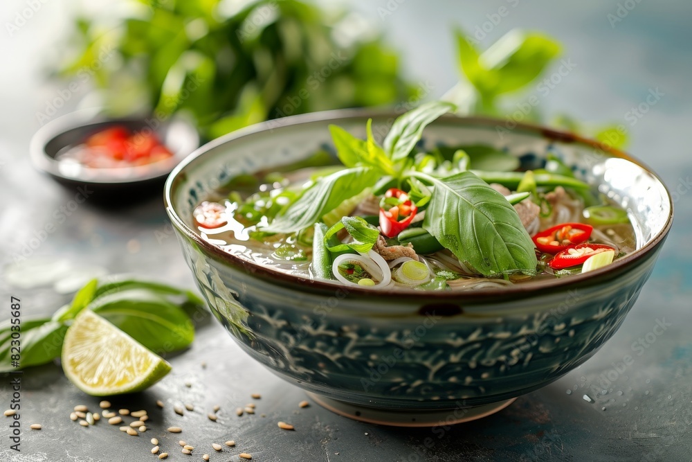 Delicious Vietnamese pho soup with fresh vegetables and herbs Delicious Vietnamese pho soup with fresh vegetables and herbs