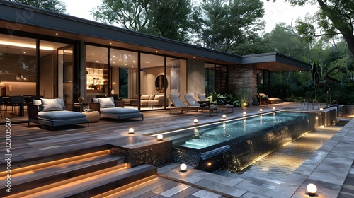 Modern luxury house with pool and deck at dusk illuminated by stylish lighting.